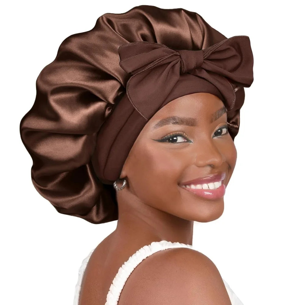 Sleeping Silk Bonnet with Tie Band Women Satin Bonnet Double Layer Satin Lined Hair Bonnet Curly Hair Sleeping Caps Night Cap